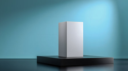 3d rendering of a blank product stand in a blue room.の素材