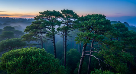 A captivating view of a vibrant green forest at dawn, with mist and tall trees under the soft colors of the sunrise.の素材