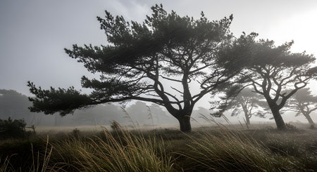 The image features windswept trees against a misty background, creating an atmospheric and serene view in a natural environment.の素材