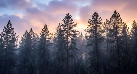 A breathtaking image showcasing majestic evergreen trees against a vibrant sunset sky creating a peaceful and natural outdoor scene.の素材