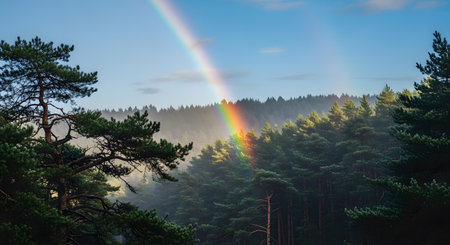A breathtaking view of a rainbow shining over a dense forest after a rainfall, creating a magical and peaceful atmosphere.の素材