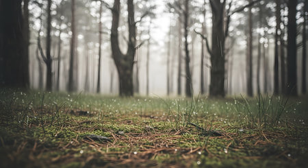 A low-angle shot depicting the floor of a misty forest with tall, slender trees creating a slightly ominous ambiance during the day.の素材
