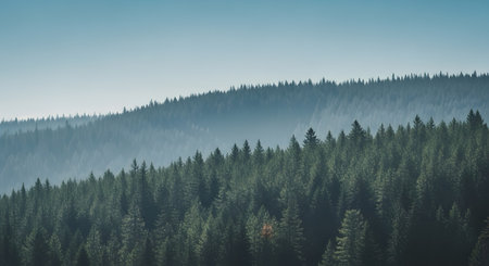 This image captures a scenic view of a forest covering hills, creating layers of trees with a foggy atmosphere and a light blue sky.の素材