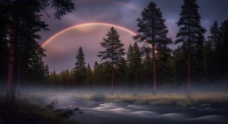 A vibrant rainbow stretches across a mysterious, misty forest, reflecting in a tranquil river, evoking a sense of calm.の素材