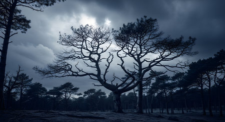 A stark silhouette of trees is presented against an overcast sky. The image suggests a desolate and mysterious outdoor scene under dramatic lighting.の素材