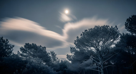 A captivating night scene where the full moon casts an enchanting glow over a forest canopy under a cloudy sky. The dark trees are silhouetted.の素材