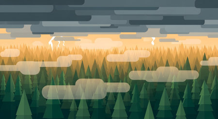 A vibrant digital illustration portrays a forest under a stormy sky, featuring lightning flashes and layered cloud formations. The scene evokes a dramatic and dynamic atmosphere.の素材