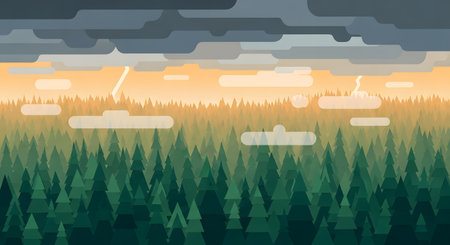 A vibrant digital illustration showcasing a stormy sunset casting light over a dense forest of evergreen trees, with lightning illuminating the sky.の素材