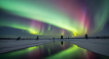 A stunning depiction of the Aurora Borealis paints the night sky with brilliant green and purple colors reflecting in calm waters below.の素材