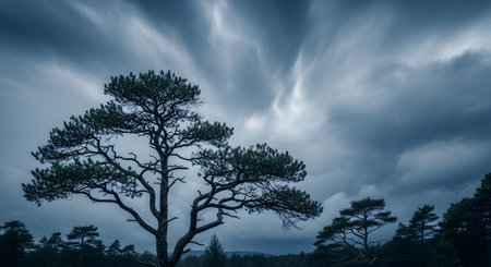 A captivating image featuring a silhouetted tree set against a backdrop of swirling clouds, evoking a sense of drama and tranquility.の素材