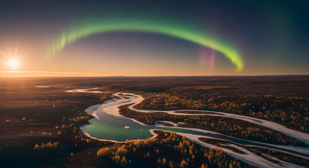 An awe-inspiring aerial photograph showcasing the vibrant aurora borealis illuminating the night sky above a winding river.の素材