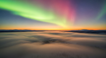 A captivating display of the Northern Lights illuminates a cloud-filled landscape, creating a dramatic and mesmerizing spectacle in the night sky.の素材