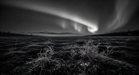 A striking monochrome image of the aurora borealis illuminating a desolate landscape with an otherworldly beauty under a night sky.の素材
