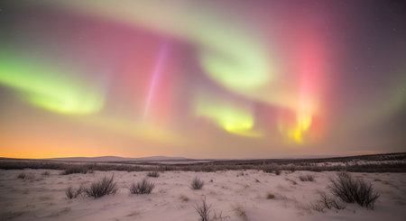 A captivating view of the Northern Lights illuminates a snowy terrain with swirling waves of green, pink, and yellow light.の素材