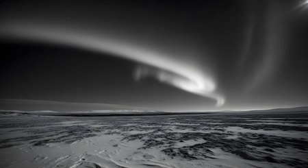 A breathtaking display of the aurora borealis, illuminated in monochrome over a frozen, expansive terrain beneath the starlit sky.の素材