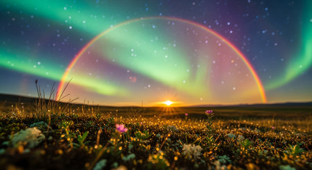 The image features the Northern Lights displaying vibrant colors above a colorful rainbow during the sunset, creating a breathtaking and surreal natural scene.の素材
