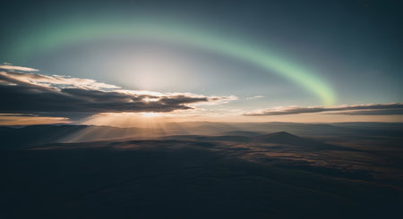 This image captures a captivating atmospheric phenomenon, possibly a circumzenithal arc, arching across the sky above a distant terrain during sunset.の素材