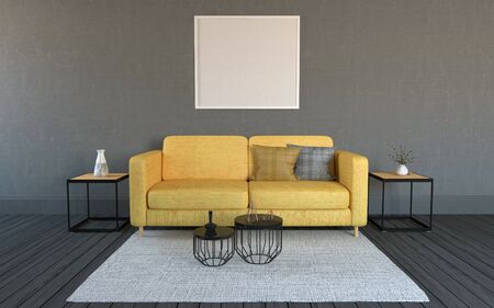 Realistic Mockup of 3D Rendered of Interior of Modern Living Room with Sofa - Couch and Tableの写真素材