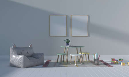 Kids Room, Play house, kids furniture with toy and frame mockup