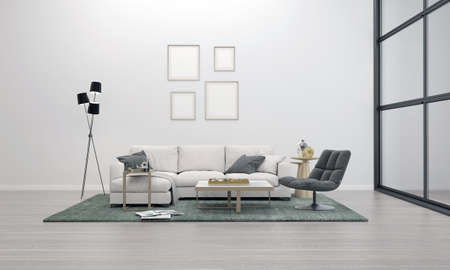 Realistic Mockup 3D Rendered Interior of Modern Living Room with Sofa - Couch and Table