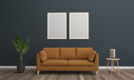 3D Rendered Interior Modern Living Room Frame with Sofa - Couch and Tableの写真素材