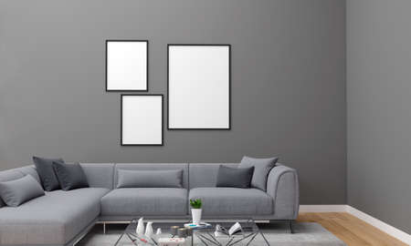 Realistic Mockup 3D Rendered Interior of Modern Living Room with Sofa - Couch and Tableの写真素材