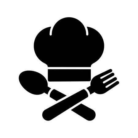 chef hat with spoon and fork icon over white background, silhouette style, vector illustrationのイラスト素材