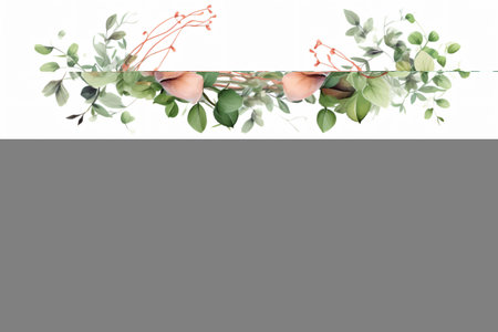 Watercolor floral border wreath with green leaves, pink peach blush and flower branchesの素材