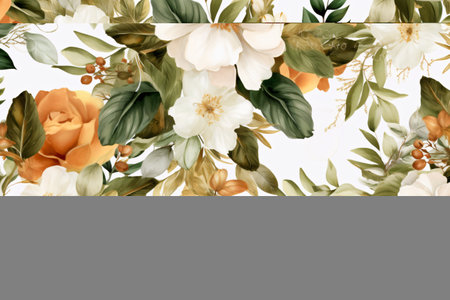 Watercolor floral border wreath with green leaves, pink peach blush and flower branchesの素材
