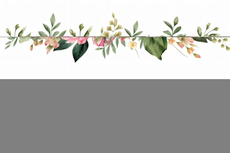 Watercolor floral border wreath with green leaves, pink peach blush and flower branchesの素材