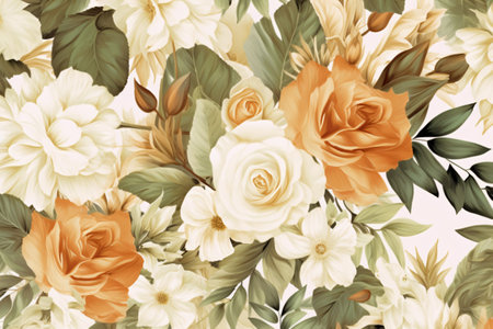 Watercolor floral border wreath with green leaves, pink peach blush and flower branchesの素材