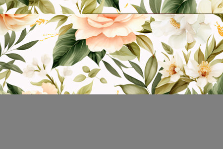 Watercolor floral border wreath with green leaves, pink peach blush and flower branchesの素材