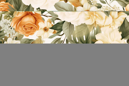 Watercolor floral border wreath with green leaves, pink peach blush and flower branchesの素材