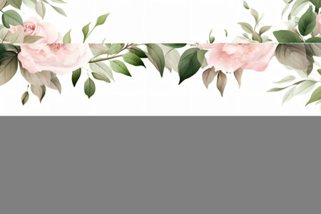 Watercolor floral border wreath with green leaves, pink peach blush and flower branchesの素材