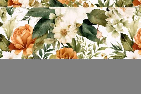 Watercolor floral border wreath with green leaves, pink peach blush and flower branchesの素材