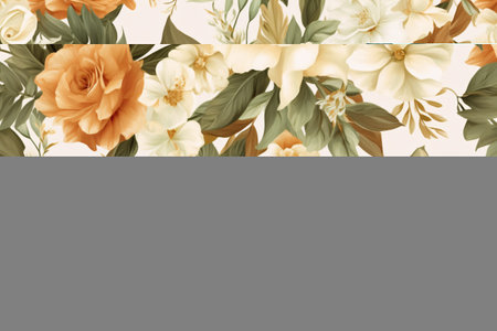 Watercolor floral border wreath with green leaves, pink peach blush and flower branchesの素材