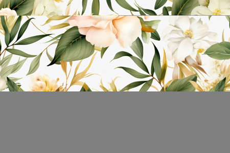 Watercolor floral border wreath with green leaves, pink peach blush and flower branchesの素材