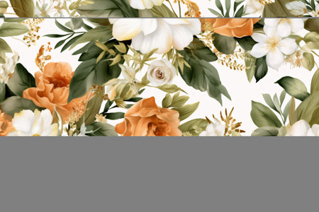 Watercolor floral border wreath with green leaves, pink peach blush and flower branchesの素材