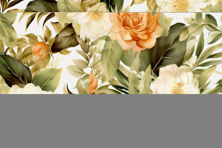 Watercolor floral border wreath with green leaves, pink peach blush and flower branchesの素材