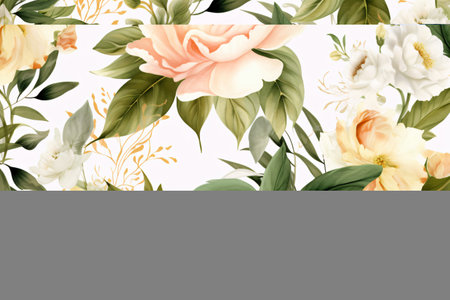 Watercolor floral border wreath with green leaves, pink peach blush and flower branchesの素材