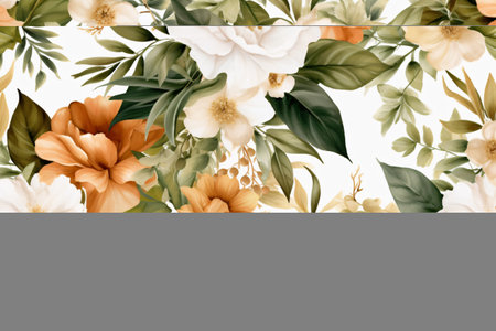 Watercolor floral border wreath with green leaves, pink peach blush and flower branchesの素材