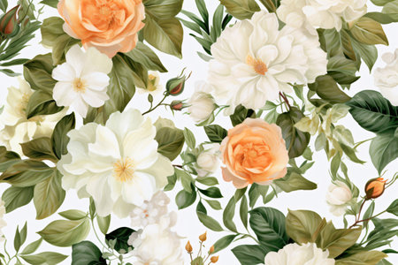 Watercolor floral border wreath with green leaves, pink peach blush and flower branchesの素材