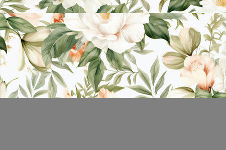 Watercolor floral border wreath with green leaves, pink peach blush and flower branchesの素材