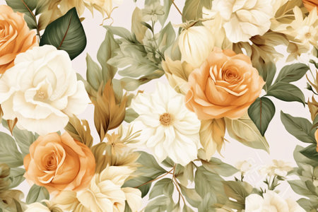 Watercolor floral border wreath with green leaves, pink peach blush and flower branchesの素材