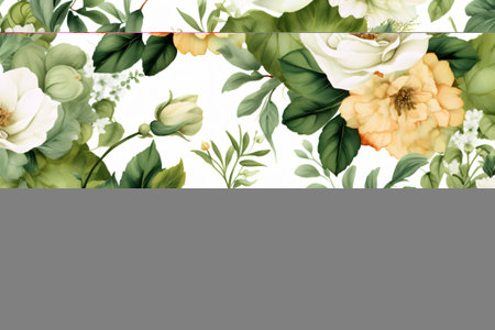 Watercolor floral border wreath with green leaves, pink peach blush and flower branchesの素材