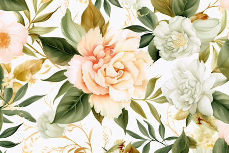 Watercolor floral border wreath with green leaves, pink peach blush and flower branchesの素材