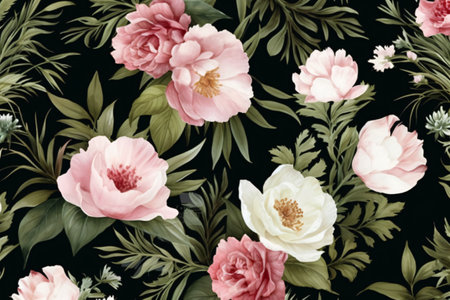 Watercolor floral border wreath with green leaves, pink peach blush and flower branchesの素材