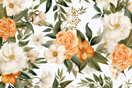 Watercolor floral border wreath with green leaves, pink peach blush and flower branchesの素材