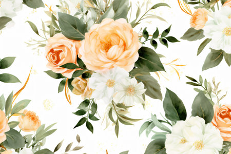 Watercolor floral border wreath with green leaves, pink peach blush and flower branchesの素材