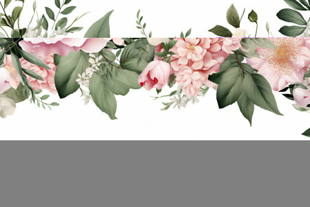 Watercolor floral border wreath with green leaves, pink peach blush and flower branchesの素材